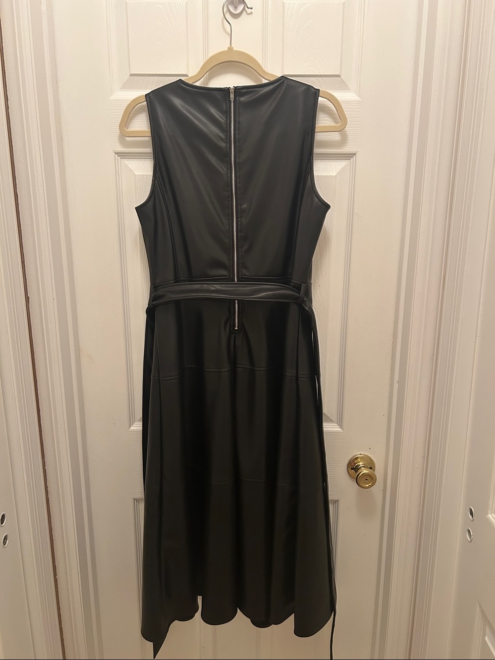 Black Faux Leather Sleeveless Midi Dress with Waist Tie - Picture 7 of 8